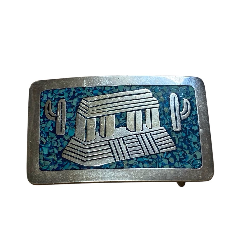 Vintage Mexican Sterling Silver Turquoise Inlay Belt Buckle - Picture 12 of 12